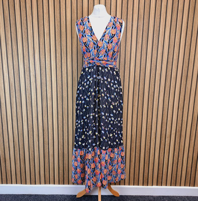 Caroline Issa Maxikleid blau orange geblümt 14 ausgestellt 100 % Seide Taille zum Binden