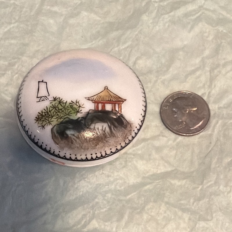 Chinese Porcelain Lidded Trinket Box Hand-Painted Landscape, Red Character Mark