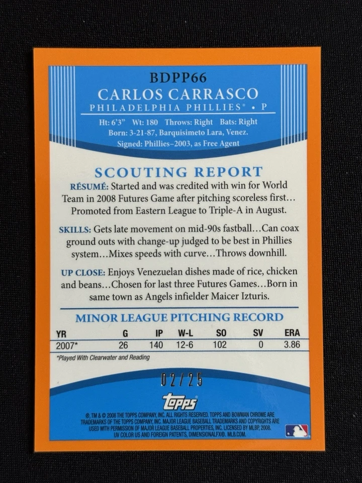 Carlos Carrasco 2008 Bowman Chrome #BDPP66 Orange Refractor Rookie (RC) /25 - Image 2 of 2