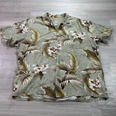 Paradise Found Shirt Mens Large Green Leaf Floral Hawaiian Rayon Aloha Button Up