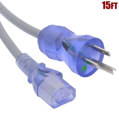 15ft 18 Gauge 3-Prong NEMA 5-15P to IEC320 C13 Hospital Grade Power Cord Cable 