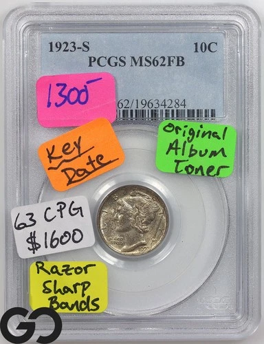 1923-S Mercury Dime, Full Split Bands, PCGS MS 62 FSB * Rare This Nice, Key Date