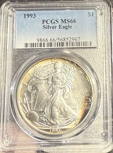 1993 American Silver Eagle $1 PCGS MS66 Front Edge Toning Reverse Lightly Toned