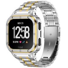 Stainless Steel Watch Band with Case Compatible for Fitbit Versa 4 3 2 1 Lite...