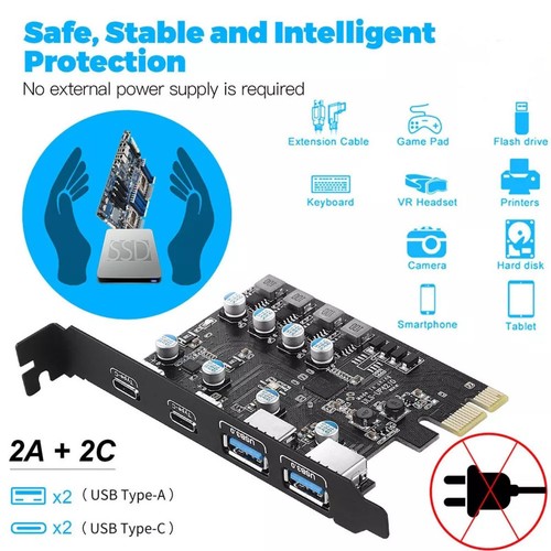 4 Port USB 3.0 PCI-Express Extension Card 2*USB-A 2*USB-C USB 3.2 GEN1 5Gbps - Afbeelding 4 van 10