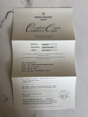 Patek Philippe Authentic Watch Certificate Of Origin Warranty 4936R Annual Cal.
