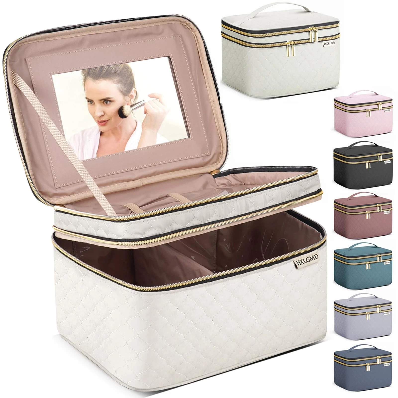 Large Makeup Bag with Mirror Double Layer Travel Make Up Organizer Case, Larg...