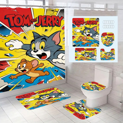 Retro Tom and Jerry Shower Curtain Set Cute Cartoon Bath Mat Bathroom Decor BH87