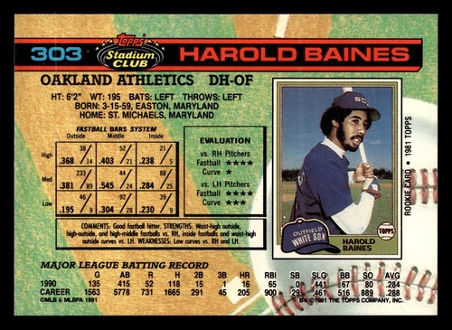 Harold Baines 1991 Stadium Club #303a Oakland Athletics Baseball *084 - Bild 2 von 2