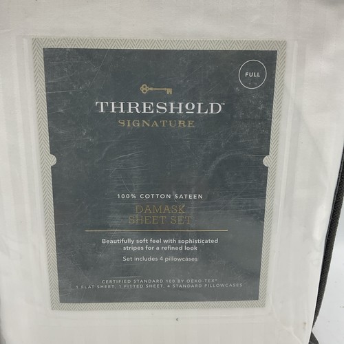 Threshold Signature Damask Sheet Set 100% Cotton Sateen White Full - Picture 2 of 6
