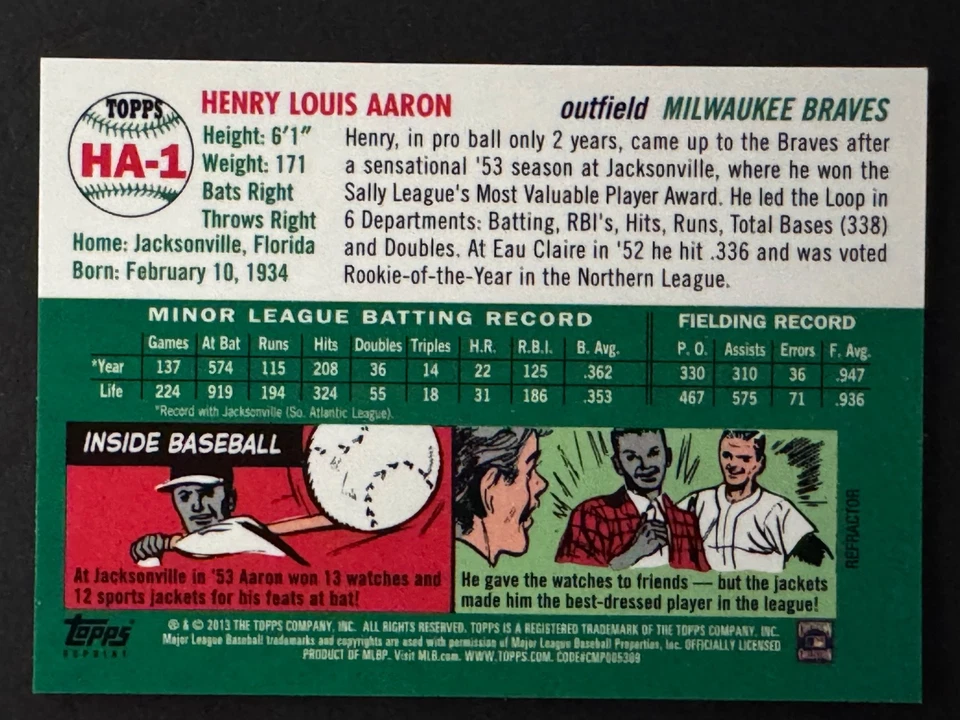 Tarjeta de los Bravos 2013 Henry Aaron #HA-1 Topps 1953 refractor dorado Roy 1/3 reimpresión Foto 2 de 4