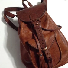 Leather Bucket Backpack Drawstring Belted Cinch Pouch Purse Brown Bag