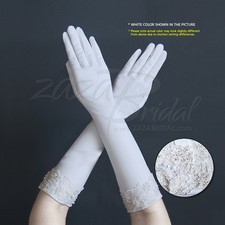 Stretch Dull Matte Satin Gloves w/ Embroidered Flowers, Pearls  Beads Cuff