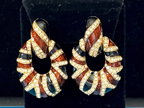 STUNNING SIGNED CINER BLACK BROWN ENAMEL CRYSTALS LARGE DANGLE CLIP EARRINGS - Picture 6 of 6