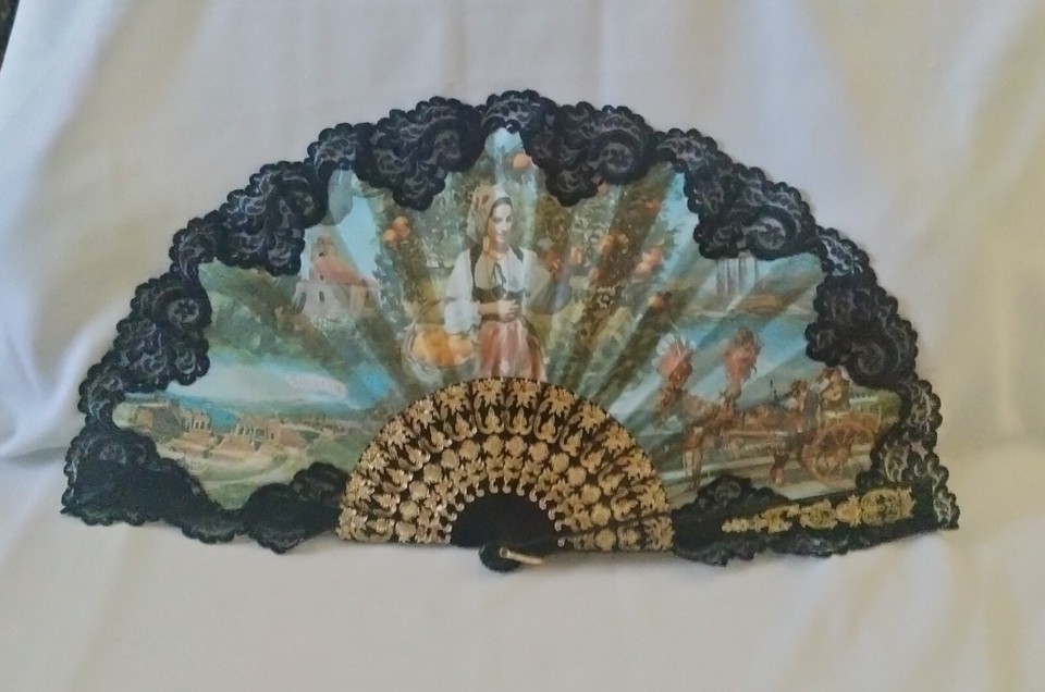 Spanish 24"Wide 13" Long Black With Gold Hand Fan Plastic And Cloth eBay