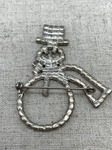 Vintage Snowman Winter Tophat Scarf Rhinestone Brooch Silvertone - Picture 8 of 8