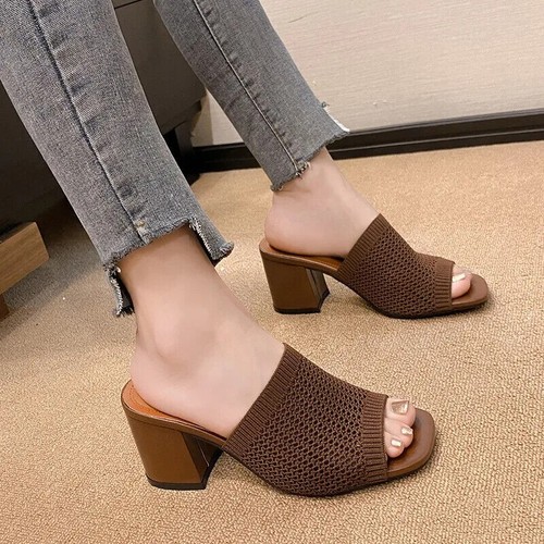 Sommer Damen Hausschuhe dicker Absatz eckige Zehenpartie Pumps High Heels Sandalen Party Schuhe - Bild 11 von 17