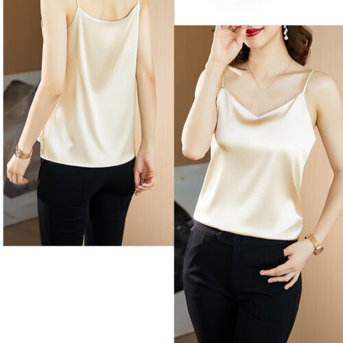 Lady Satin Tank Top Faux Silk Camisole Spaghetti Strap V Neck Solid Silky Summer - Picture 7 of 17