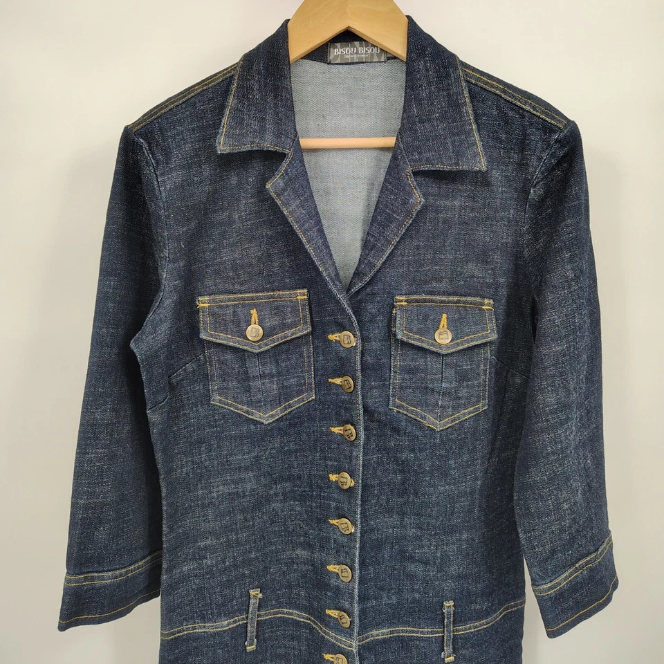 Macacão jeans Bisou Bisou tamanho M Y2K perna alargada botão frontal manga longa azul escuro - Imagem 3 de 4
