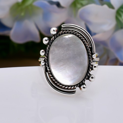 Natural Mother Of Pearl Oval 925 Sterling Silver Ring Handmade Jewelry Gift. - Picture 7 of 8