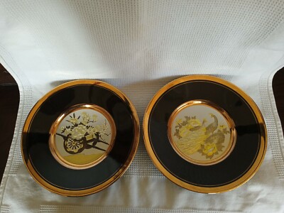 Chokin Tellerwagen Wagen & Pfauen.  24 Karat Gold & Silber Metall Japanische Gravur