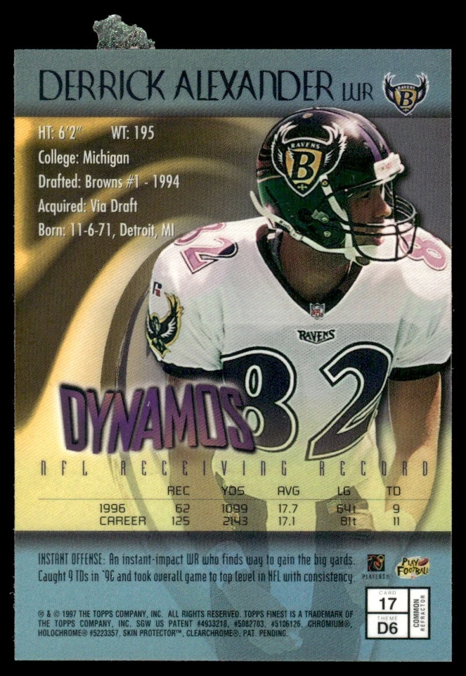 1997 TOPPS Finest Refractors Derrick Alexander Baltimore Ravens #85 R94 - Image 2 of 2