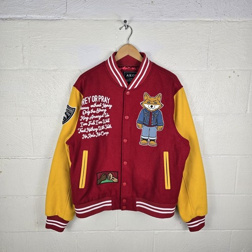 Akoo Kings No Rivals Prey Or Pray Slick Varsity Jacket Chili Pepper Red Wool XL - Picture 2 of 12