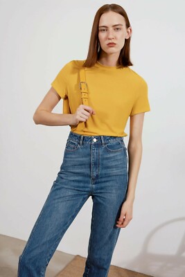 Yellow High Neck Collar Short Sleeve Women Knit Top T Shirt XS