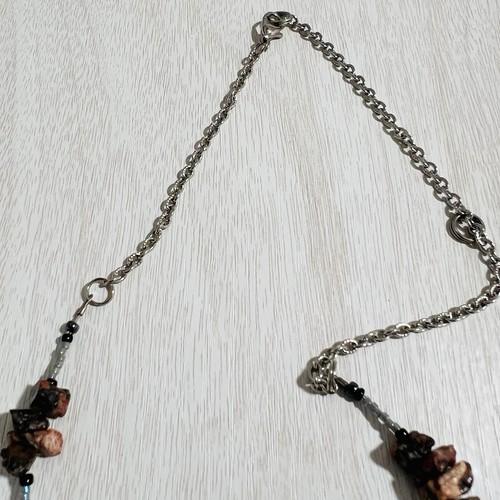 Natural Pink Rose Quartz Necklace Grey Hematite Beads Long Chain Boho Chic - Picture 7 of 12