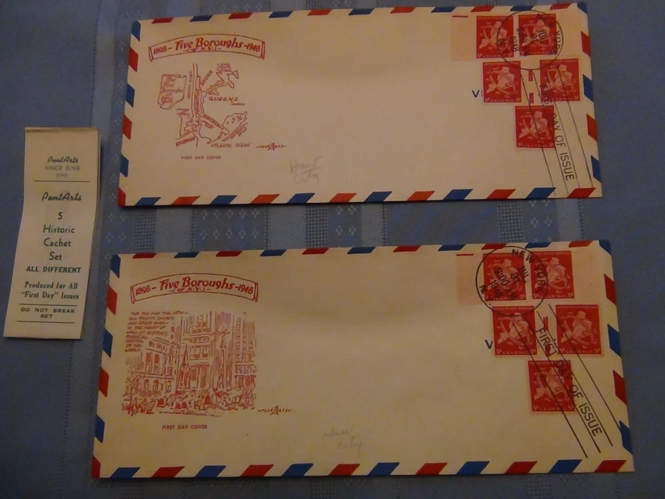 US # C 38 5 C Airmail Set Of 5 Pent Arts Cachet Unaddressed  FDC W/Label  #10  - Image 2 of 4