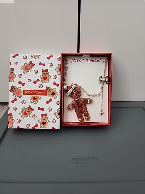 Betsey Johnson Gingerbread Man Christmas Holiday Pendant Necklace Rhinestones