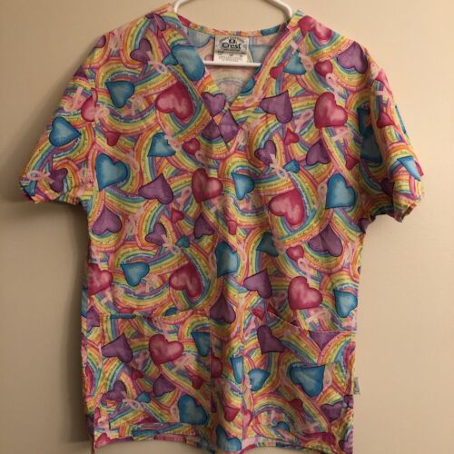 Crest Cottons Women’s XS Colorful Hearts~ Breast Cancer Themed Scrub Shirt - Picture 4 of 9
