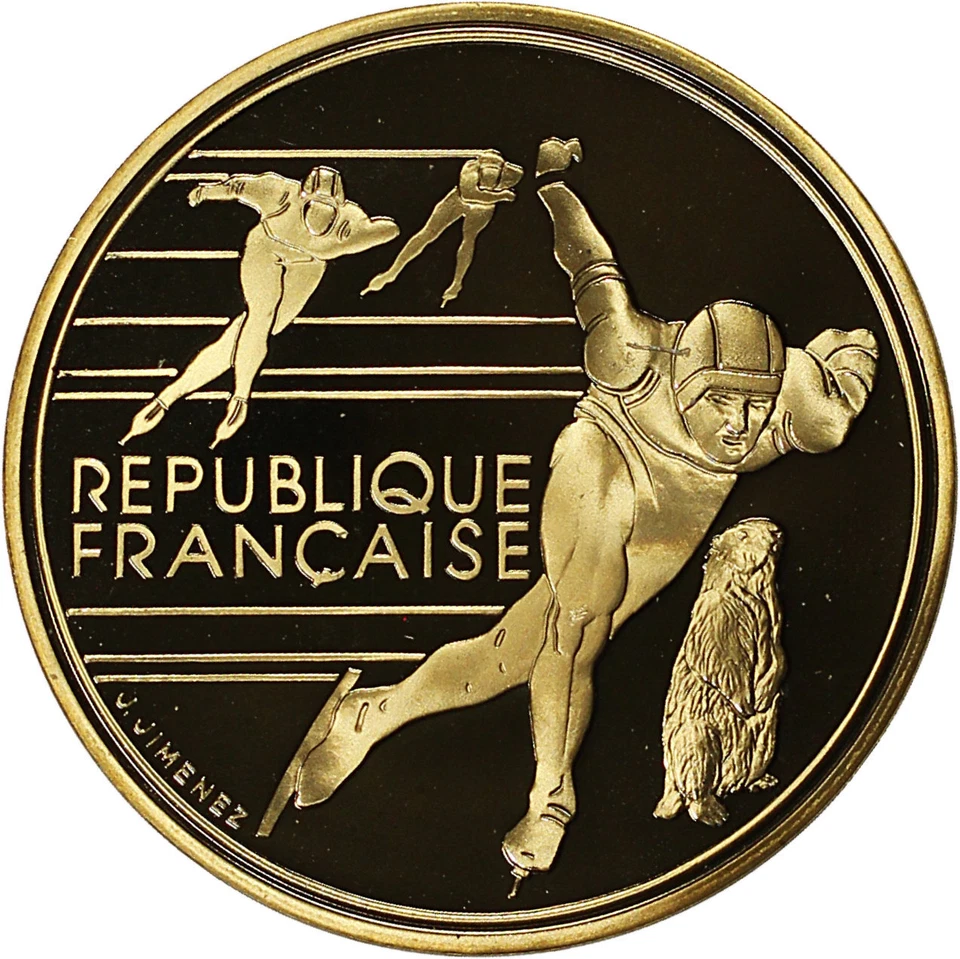 Moneda de 500 francos de oro 1990 Francia 1992 Albertville Olympics patinaje de velocidad prueba Foto 2 de 3