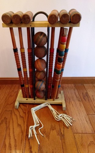 Vintage Wood Croquet Set - Six Player - Unique Turned Wood Mallets