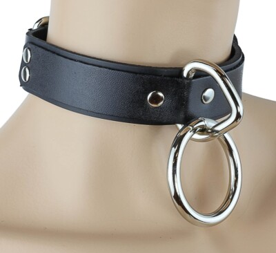 Black Leather 1-1/2'' O-ring Choker Necklace Punk Goth Metal Grunge Alternative