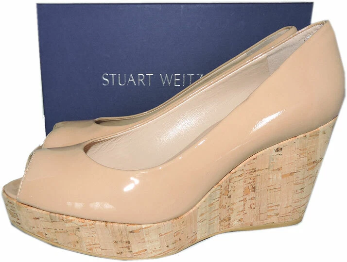 Stuart Weitzman ANNA Peep Toe Wedge Pumps Beige Patent Leather