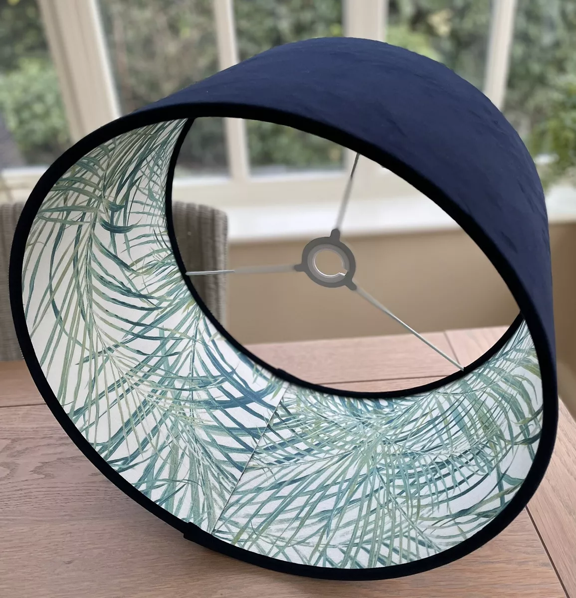 Tropical Lamp Shade Navy Velvet Lined Palm Leaf Fabric Saphire