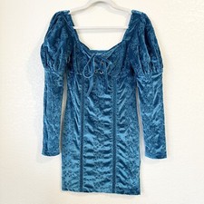 ASOS Velvet Broderie Eyelet Embroidered Puff Long Sleeve Lace Up Mini Dress NWT