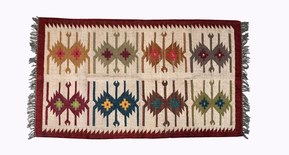 Wool Jute Reversible Rug Handwoven Kilim Area Floor Carpets 3x5 ft Kicthen Runne - Image 2 of 4