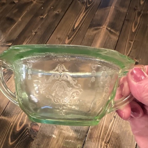 Vintage Green Uranium Glass Sugar Bowl Anchor Hocking Princess Pattern