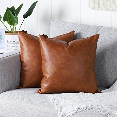 Set of 2 Faux Leather Decorative Throw Pillow Covers Modern 22" x 22" Brown - Picture 2 of 7