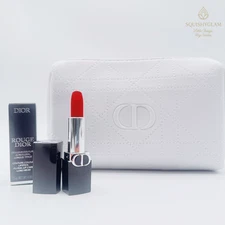 Dior White Cosmetic Bag + Rouge Dior Lipstick 777 Fahrenheit 0.05 oz New