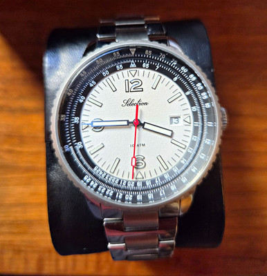 Selectron Maverick Mens Quartz 42mm 100m Slide Rule Date Watch Box Papers