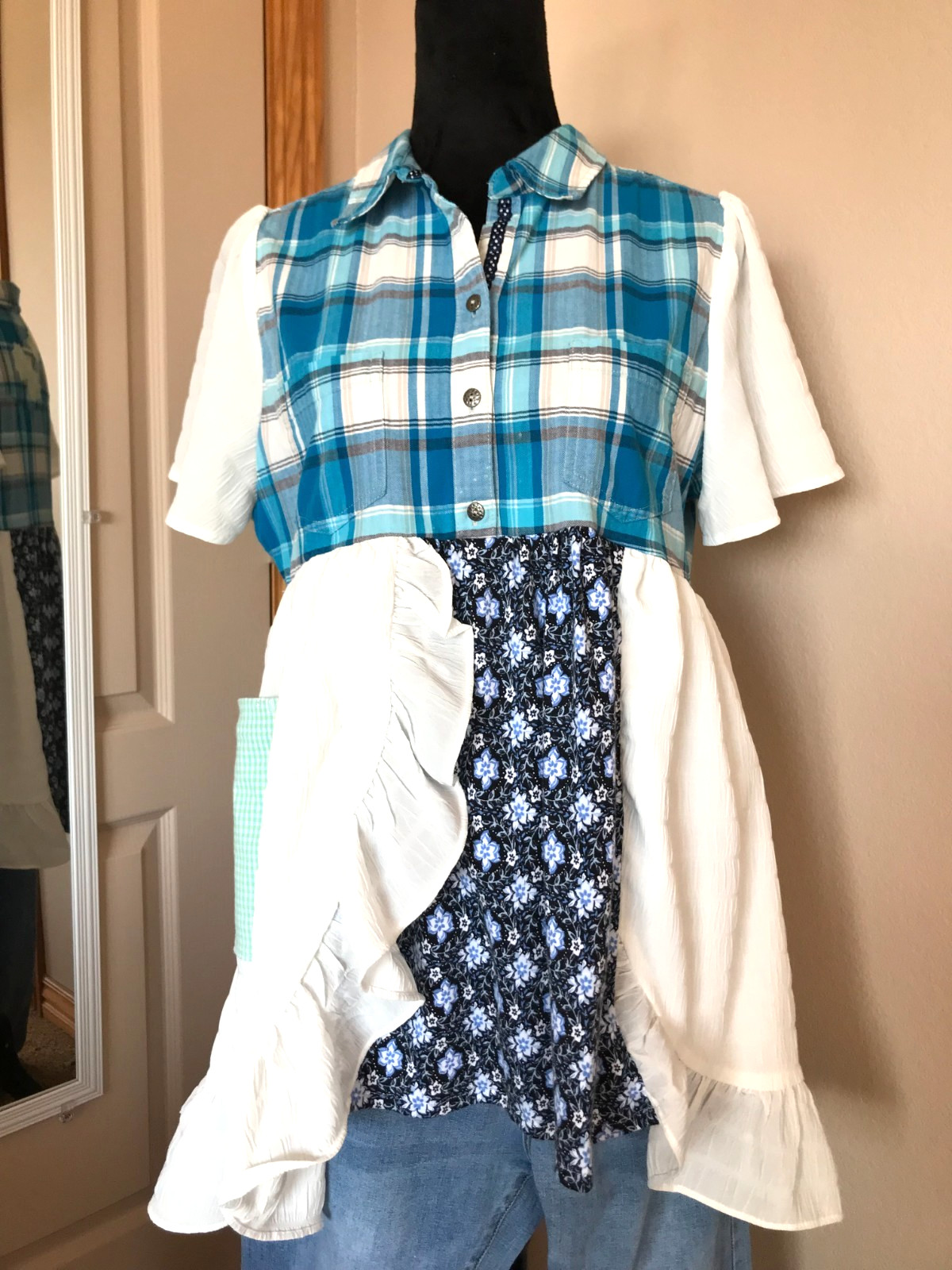 Upcycled Boho Patchwork Tunic, Ruffled Hippie Blo… - image 11