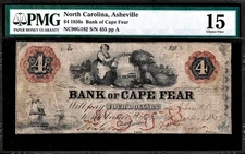Dec 1, 1859 Cape Fear North Carolina Asheville $4 Dollar Obsolete PMG Choice F15