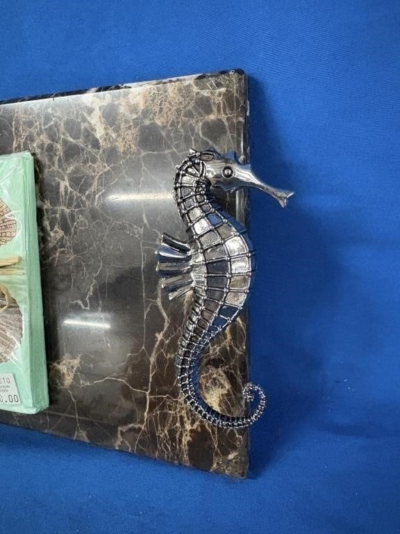 Mud Pie Seahorse Metal Handled Marble Cheese Board & Spreading Knife 7” x 13”