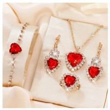 Sparkling Crystal Red Heart Jewelry Set Necklace Earrings Bracelet Ring Gold Ton