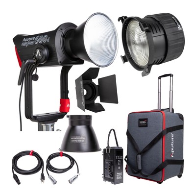 Aputure Light Storm 600D LED V Mount Light with F10 Fresnel and Barndoors Bundle