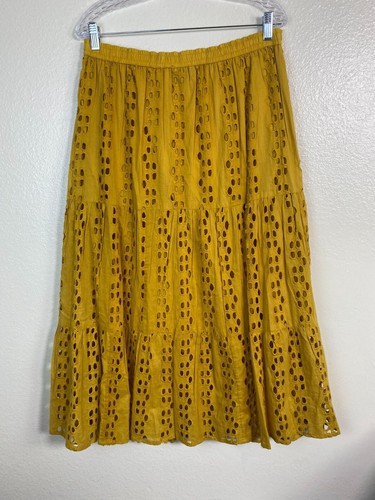 NAOO Yellow Eyelet Tiered Midi Skirt size Medium Boho Prairie Beachy Hippie - Picture 2 of 16