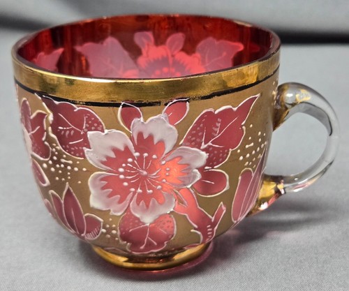 Bohemian Harrach Satin Finish Floral Decorated Cup & Saucer - Picture 4 of 13
